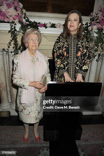 Dowager Duchess of Devonshire and Charlotte Mosley attend the Nancy Mitford 'Wigs on the Green' reissue party held by Catherine Ostler and the...