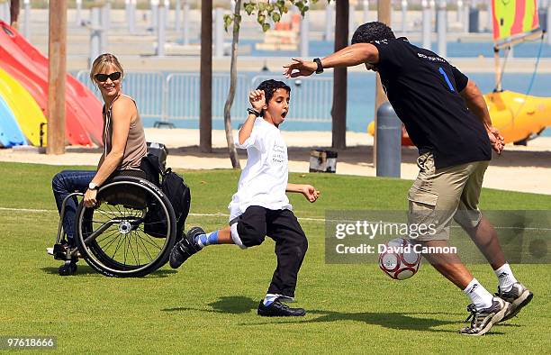 Laureus Sports Academy member Daley Thompson in action during the Laureus Sport for Good Football Tournament at Emirates Palace Hotel on March 10,...