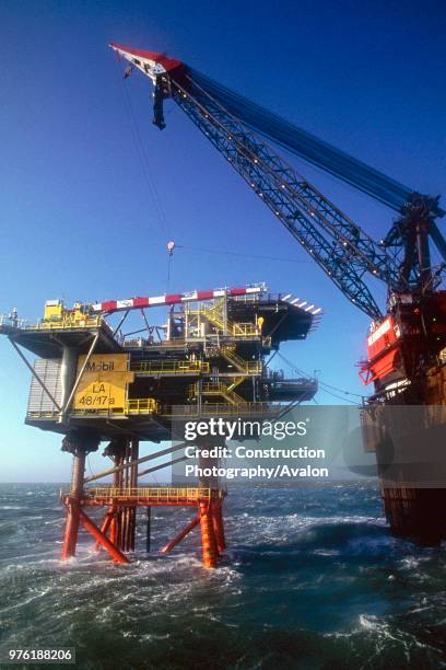 Installing Mobil gas production platform, Southern North Sea off Great Yarmouth, UK.