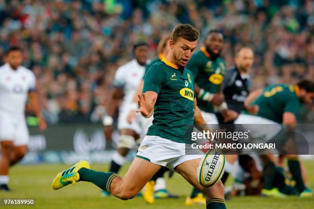 South Africa fly-half Handre Pollard clears the ball during the second test match South Africa vs England at the Free State Stadium in Bloemfontein,...