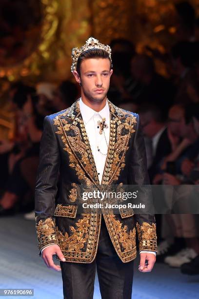 Cameron Dallas walks the runway at the Dolce & Gabbana show during Milan Men's Fashion Week Spring/Summer 2019 on June 16, 2018 in Milan, Italy.