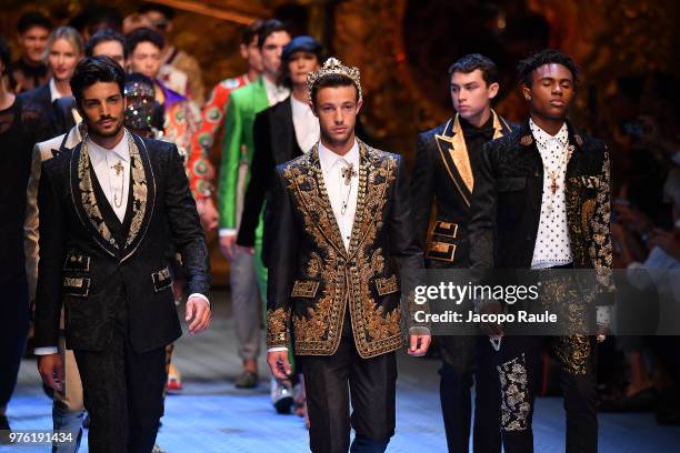 Mariano Di Vaio, Cameron Dallas and Kailand Wonder walk the runway at the Dolce & Gabbana show during Milan Men's Fashion Week Spring/Summer 2019 on...