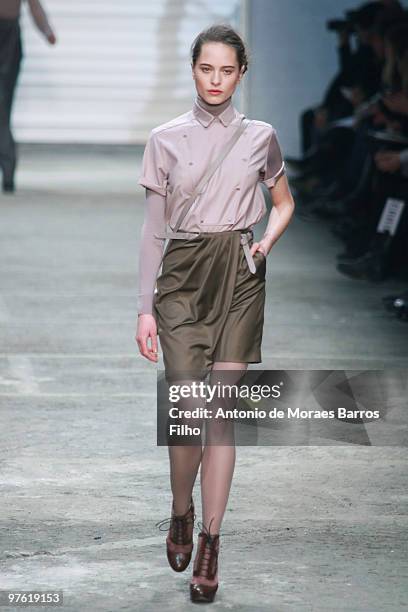 Model walks the runway at the Cerruti Ready to Wear show during Paris Womenswear Fashion Week Fall/Winter 2011 at Halle Freyssinet on March 10, 2010...