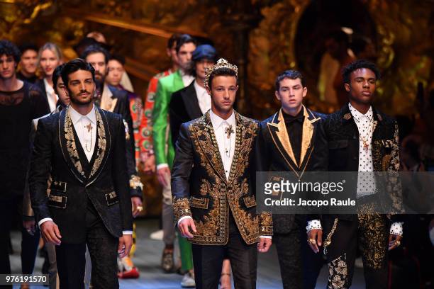 Mariano Di Vaio, Cameron Dallas and Kailand Wonder walk the runway at the Dolce & Gabbana show during Milan Men's Fashion Week Spring/Summer 2019 on...