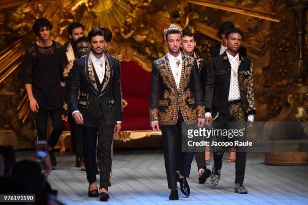 Mariano Di Vaio, Cameron Dallas and Kailand Wonder walk the runway at the Dolce & Gabbana show during Milan Men's Fashion Week Spring/Summer 2019 on...