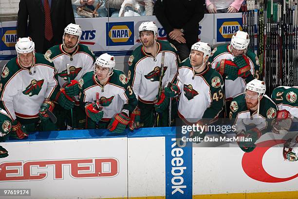 Marek Zidlicky, Brent Burns, Cam Barker and Greg Zanon of the Minnesota Wild watch the action against the Edmonton Oilers on March 5, 2010 at Rexall...