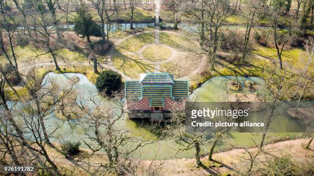 March 2018, Germany, Oranienbaum: Picture of the Chinese Tea House in the park of Oranienbaum Palace taken with a drone. Built by Prince Franz von...
