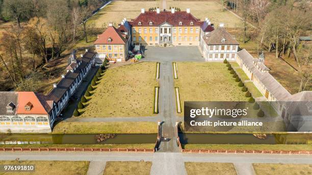 March 2018, Germany, Oranienbaum: Picture of the Oranienbaum Palace taken with a drone. Built in 1683 as a summer residence for Princess Henriette...