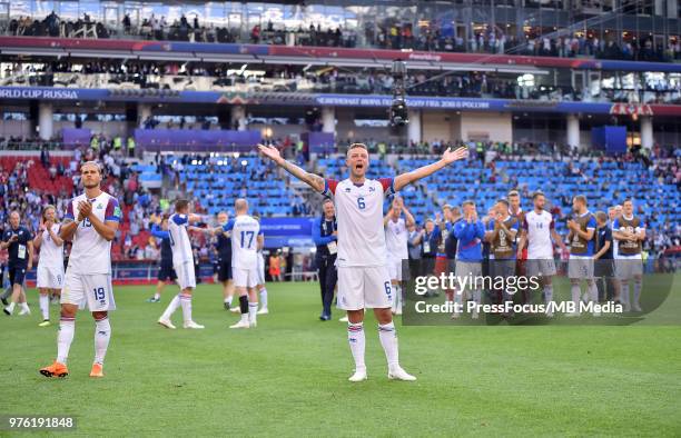 Ragnar Sigurdsson of Iceland celebrates after the 2018 FIFA World Cup Russia group D match between Argentina and Iceland at Spartak Stadium on June...