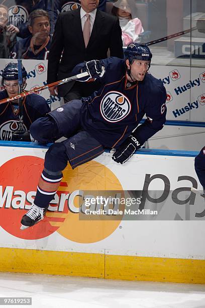 Ryan Whitney of the Edmonton Oilers enters the ice against the Minnesota Wild on March 5, 2010 at Rexall Place in Edmonton, Alberta, Canada.