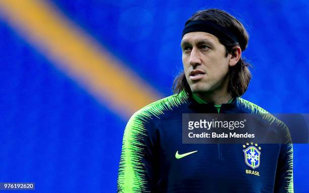 Cassio of Brazil looks on during a Brazil training session ahead of the FIFA World Cup 2018 at Rostov Arena on June 16, 2018 in Rostov-on-Don, Russia.