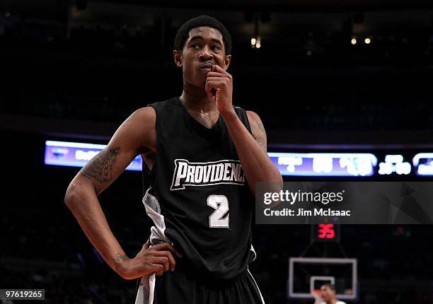 Marshon Brooks of the Providence Friars looks on after a play against the Seton Hall Pirates during the first round game of the Big East Basketball...