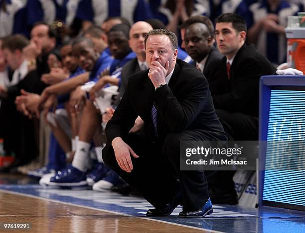 Head coach Bobby Gonzalez of the Seton Hall Pirates gestures from the bench against the Providence Friars during the first round game of the Big East...