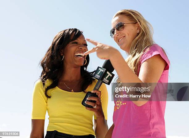 Victoria Azarenka of Belarus speaks to Cari Champion of the Tennis Channel at the Sony Ericsson WTA Tour All Access Hour during the BNP Paribas Open...