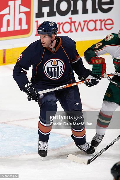 Ryan Whitney of the Edmonton Oilers skates against the Minnesota Wild on March 5, 2010 at Rexall Place in Edmonton, Alberta, Canada.