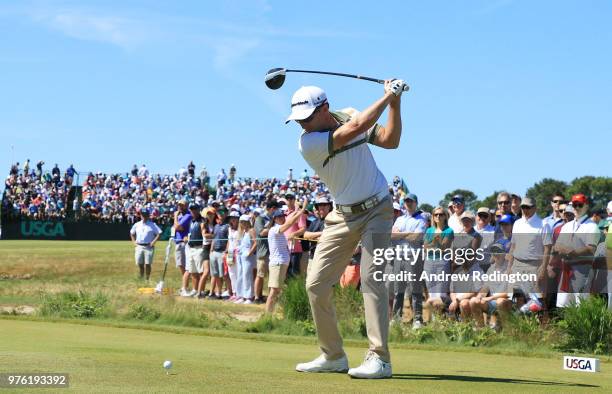 Tim Wilkinson of New Zealand plays his shot from the eighth tee during the third round of the 2018 U.S. Open at Shinnecock Hills Golf Club on June...