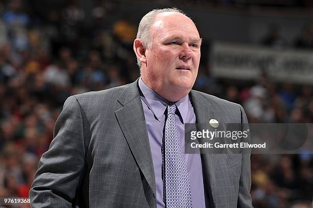 Head coach George Karl of the Denver Nuggets looks on during the game against the Oklahoma City Thunder on March 3, 2010 at the Pepsi Center in...