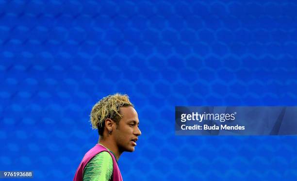 Neymar Jr of Brazil looks on during a Brazil training session ahead of the FIFA World Cup 2018 at Rostov Arena on June 16, 2018 in Rostov-on-Don,...