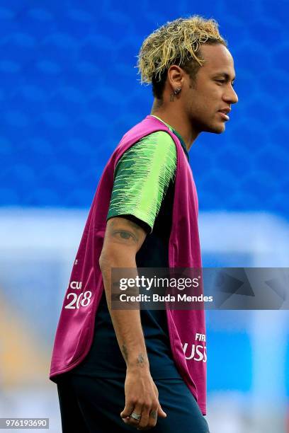 Neymar Jr of Brazil looks on during a Brazil training session ahead of the FIFA World Cup 2018 at Rostov Arena on June 16, 2018 in Rostov-on-Don,...