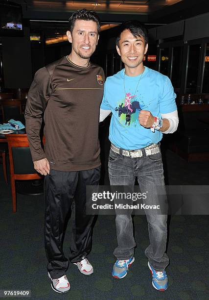 Baseball All-star Nomar Garciaparra and actor James Kyson Lee attend the 3rd Annual Mia Hamm & Nomar Garciaparra Celebrity Soccer Challenge at The...