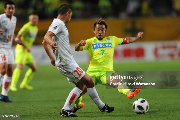 Yuto Sato of JEF United Chiba in action during the J.League J2 match between JEF United Chiba and Ehime FC at Fukuda Denshi Arena on June 16, 2018 in...