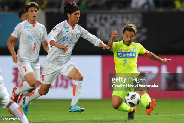 Yuto Sato of JEF United Chiba in action during the J.League J2 match between JEF United Chiba and Ehime FC at Fukuda Denshi Arena on June 16, 2018 in...