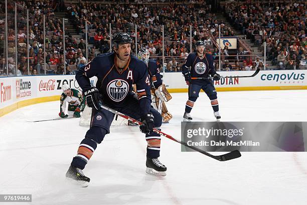 Jason Strudwick of the Edmonton Oilers skates against the Minnesota Wild on March 5, 2010 at Rexall Place in Edmonton, Alberta, Canada.
