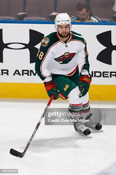 Guillaume Latendresse of the Minnesota Wild skates against the Edmonton Oilers on March 5, 2010 at Rexall Place in Edmonton, Alberta, Canada.