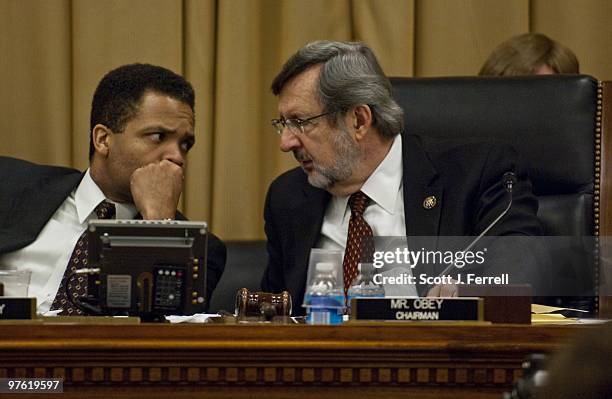 March 10: Rep. Jesse L. Jackson Jr., D-Ill., and full committee Chairman David R. Obey, D-Wis., talk as Labor Secretary Hilda L. Solis testifies...