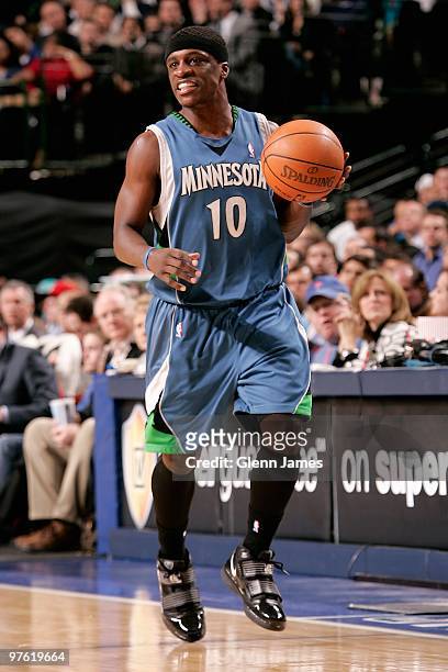 Jonny Flynn of the Minnesota Timberwolves drives the ball up court during the game against the Dallas Mavericks on March 3, 2010 at American Airlines...