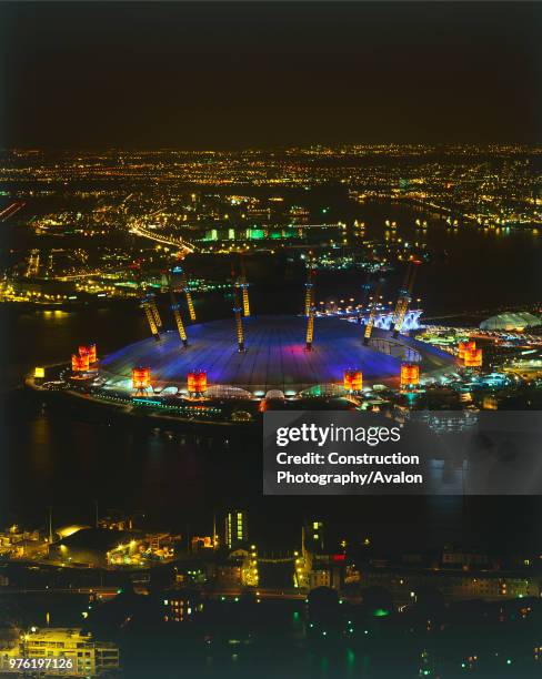 Aerial view of the Millennium Dome at night Docklands area, London United Kingdom.