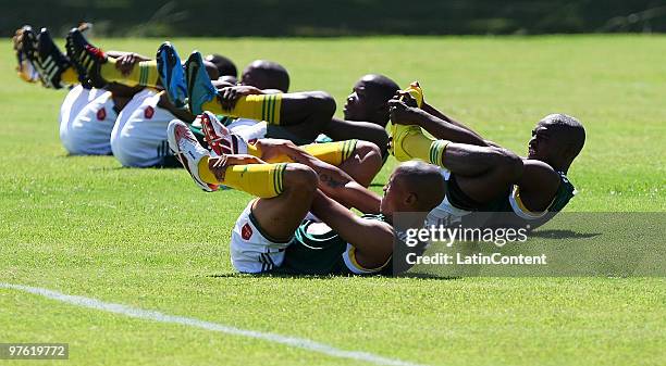 Players of Bafana Bafana in action during the South Africa national soccer team training session held at the Granja Comary on March 10, 2010 in...