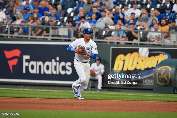 Ryan Goins of the Kansas City Royals in action against the Cincinnati Reds at Kauffman Stadium on June 12, 2018 in Kansas City, Missouri.