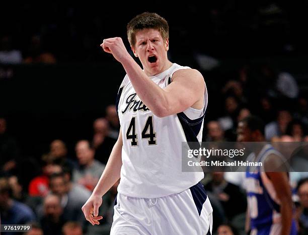 Luke Harangody of the Notre Dame Fighting Irish reacts after a point against the Seton Hall Pirates during the second round of 2010 NCAA Big East...