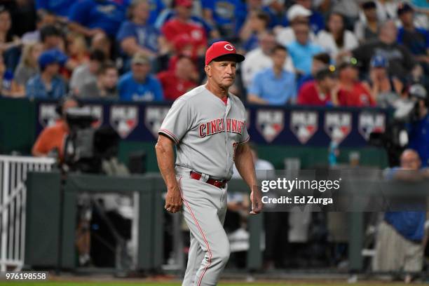 Jim Riggleman of the Cincinnati Reds makes a visit to the mound against the Kansas City Royals at Kauffman Stadium on June 12, 2018 in Kansas City,...