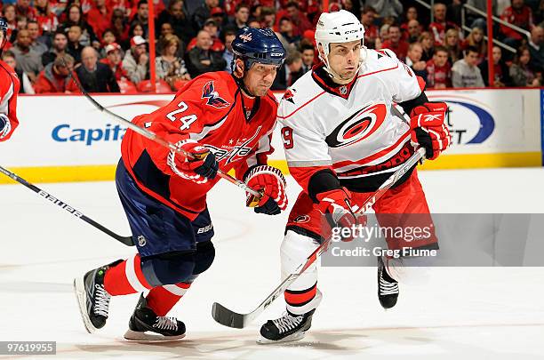 Scott Walker of the Washington Capitals skates for position against Tom Kostopoulos of the Carolina Hurricanes on March 10, 2010 at the Verizon...