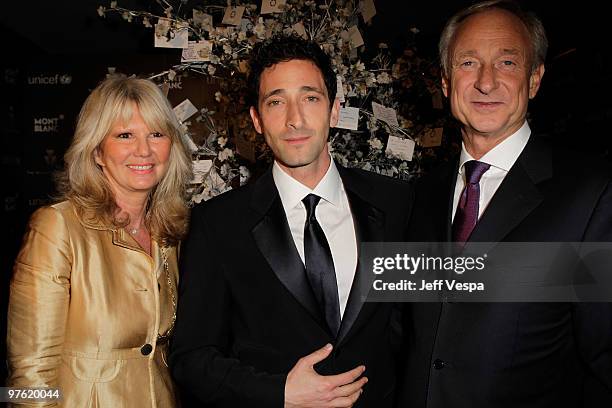 Montblanc PR/Cultural Affairs Director Ingrid Roosen-Trinks, actor Adrien Brody and President and CEO of U.S. Fund for UNICEF Caryl Stern arrive at...