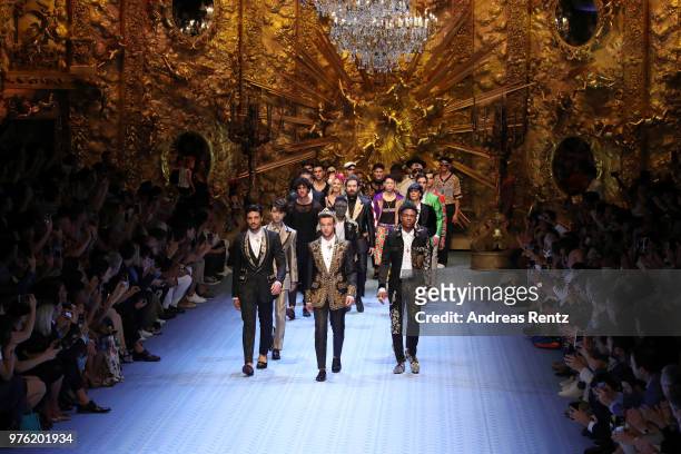 Mariano Di Vaio, Karry Wang and Cameron Dallas walk the runway at the Dolce & Gabbana show during Milan Men's Fashion Week Spring/Summer 2019 on June...