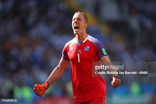 Hannes Halldorsson of Iceland celebrates after team-mate Alfred Finnbogason scored to make it 1-1 during the 2018 FIFA World Cup Russia group D match...