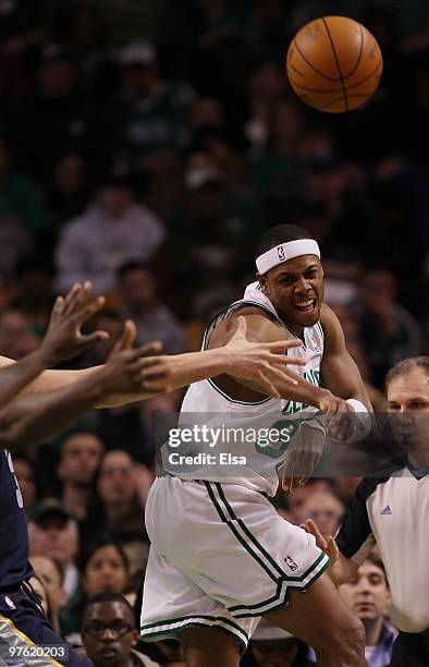 Paul Pierce of the Boston Celtics passes the ball in the first quarter against the Memphis Grizzlies on March 10, 2010 at the TD Garden in Boston,...