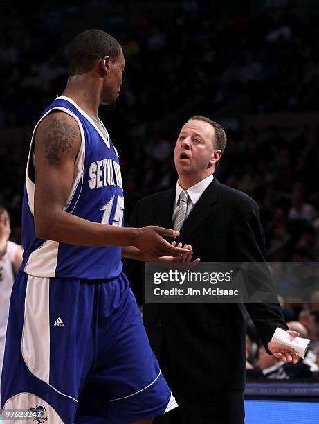 Head coach Bobby Gonzalez reacts with Herb Pope of the Seton Hall Pirates against the Notre Dame Fighting Irish during the second round of 2010 NCAA...