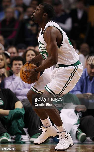 Michael Finley of the Boston Celtics looks to pass in the first quarter against the Memphis Grizzlies on March 10, 2010 at the TD Garden in Boston,...