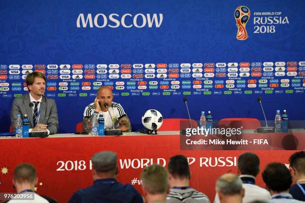 Jorge Sampaoli, Head coach of of Argentina attends the post match press conference following the 2018 FIFA World Cup Russia group D match between...