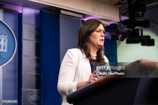 White House Press Secretary Sarah Huckabee Sanders, speaks during a press briefing in the James S. Brady Press Briefing Room of the White House, in...