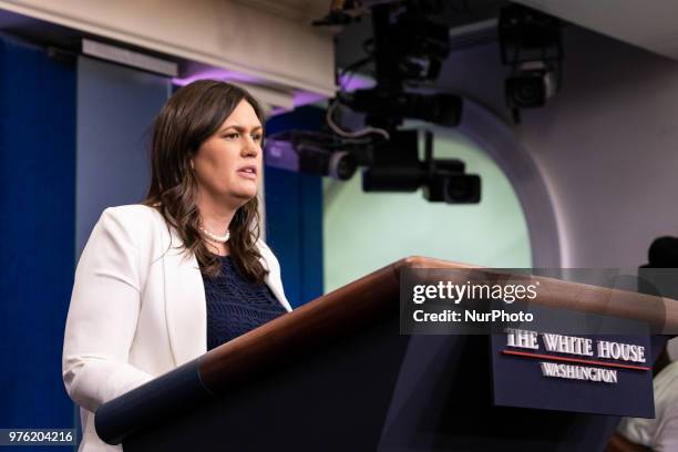 White House Press Secretary Sarah Huckabee Sanders, speaks during a press briefing in the James S. Brady Press Briefing Room of the White House, in...