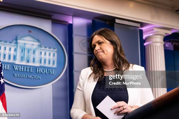 White House Press Secretary Sarah Huckabee Sanders, speaks during a press briefing in the James S. Brady Press Briefing Room of the White House, in...