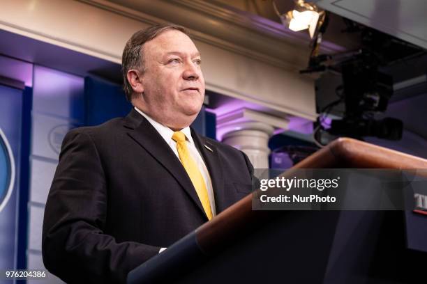 Secretary of State Mike Pompeo speaks during a press briefing in the James S. Brady Press Briefing Room of the White House, in Washington, D.C., on...