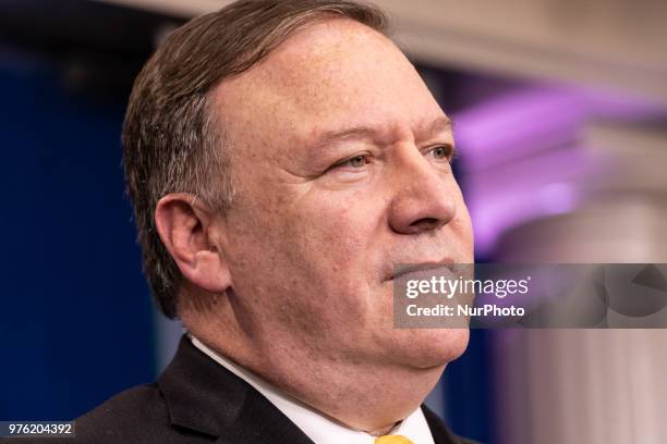 Secretary of State Mike Pompeo during a press briefing in the James S. Brady Press Briefing Room of the White House, in Washington, D.C., on...