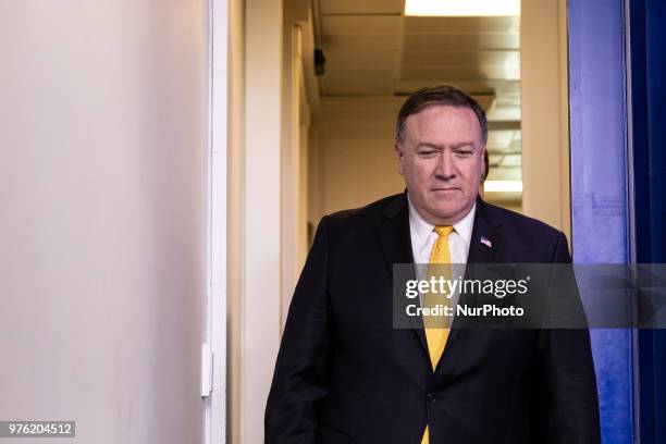 Secretary of State Mike Pompeo, enters the James S. Brady Press Briefing Room of the White House, in Washington, D.C., on Thursday, June 7, 2018.