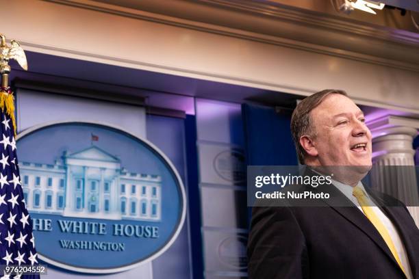 Secretary of State Mike Pompeo speaks during a press briefing in the James S. Brady Press Briefing Room of the White House, in Washington, D.C., on...